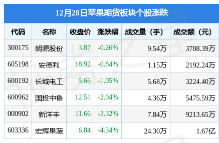 苹果期货板块12月28日跌2.7%，宏辉果蔬领跌，主力资金净流出2433.41万元