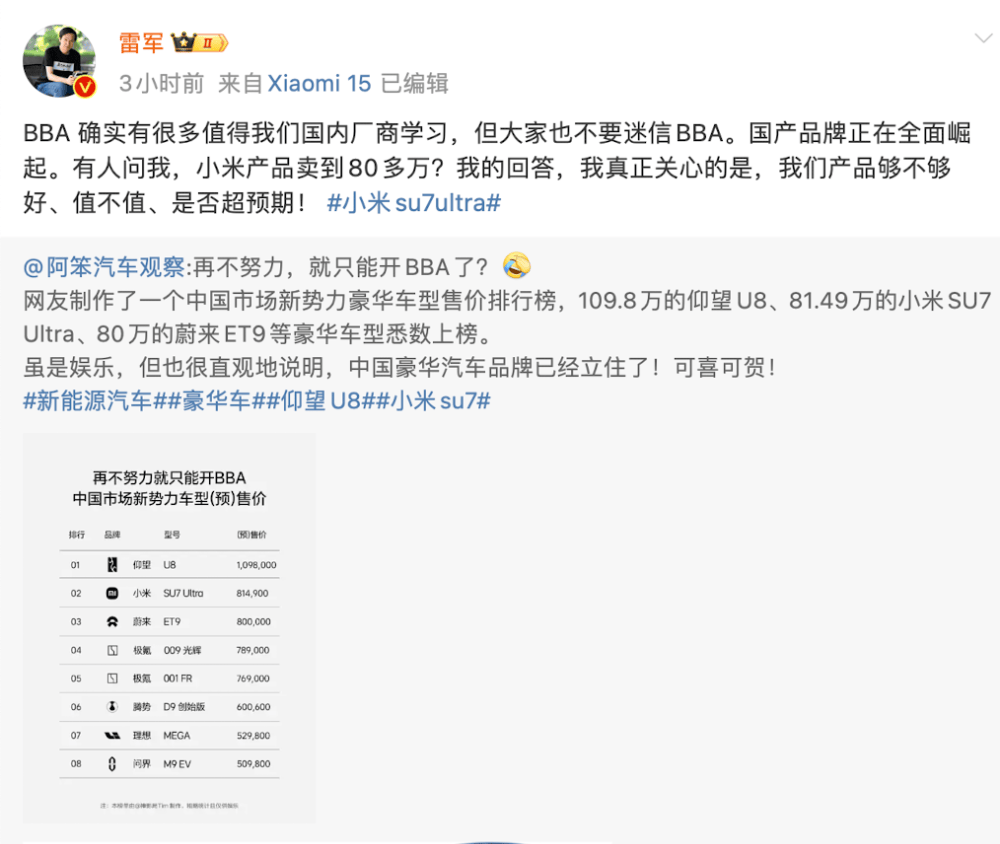 小米汽车卖到80多万<strong></p>
<p>债券交易单位</strong>，网友称再不努力只能开BBA！雷军：不要迷信BBA