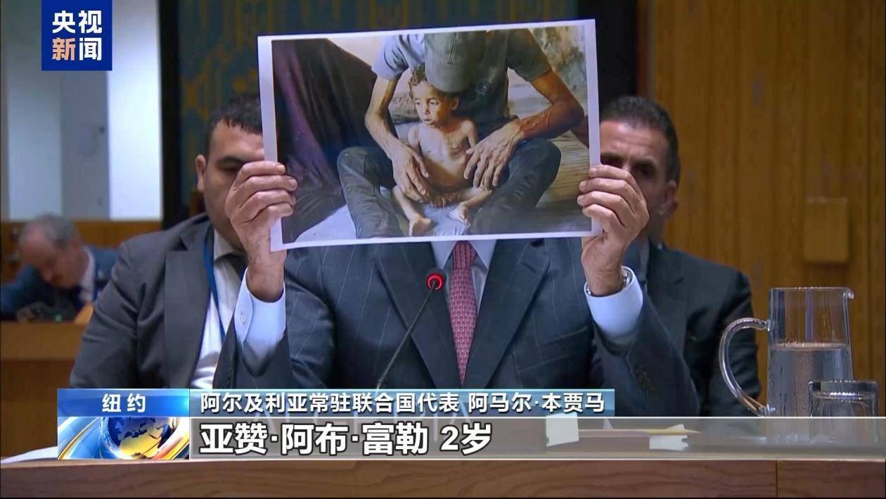 手举加沙死伤平民照片 阿尔及利亚代表指责以色列杀害平民